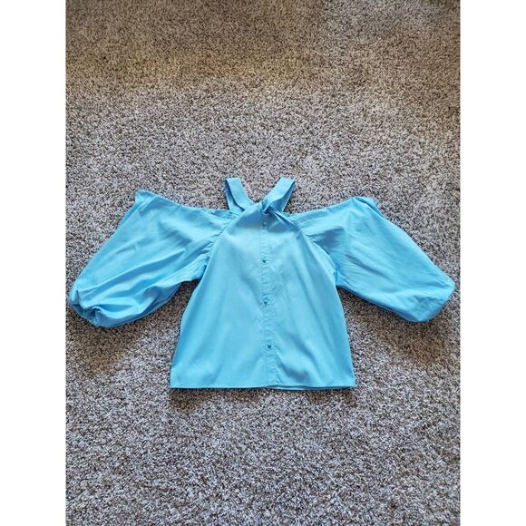 INC International Concepts Button Up Cold Shoulder Top Blue M New - Picture 1 of 10